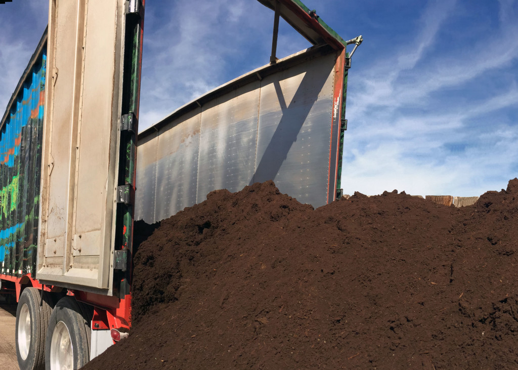 Walking bed floor semi truck unloading compost into stock bin.